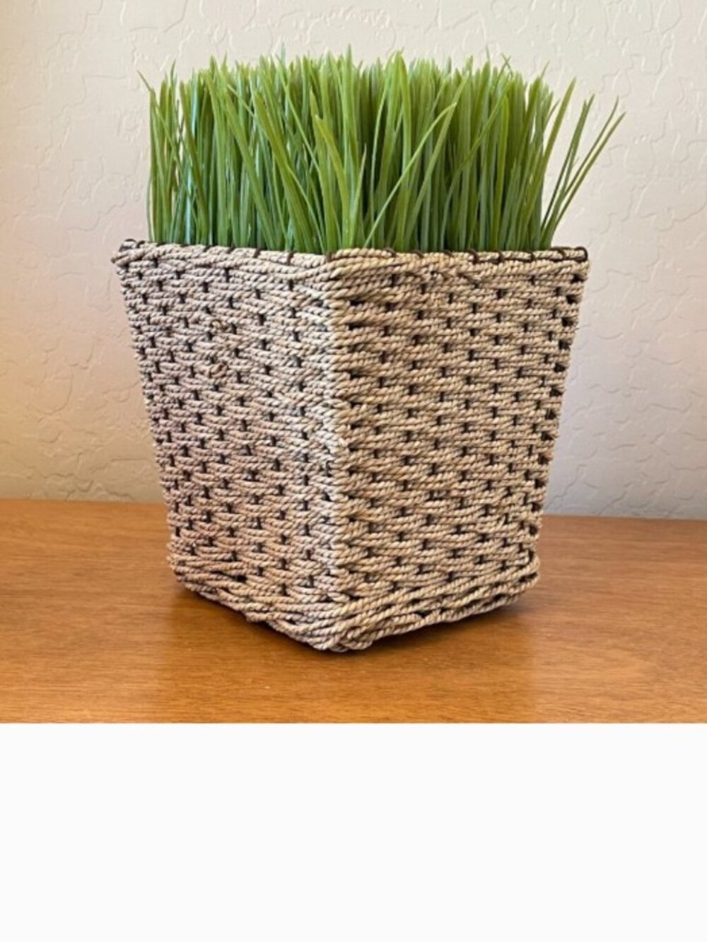 Faux Fake Plant Green Grass Basket Pot in Woven Square Table Top Decor